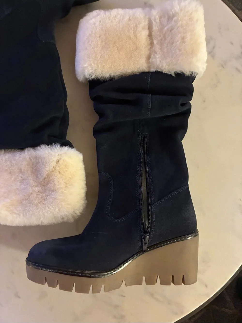 NWOT VINTAGE FOUNDRY COMPANY Arabella Wedge Boots in Navy Suede Size 8